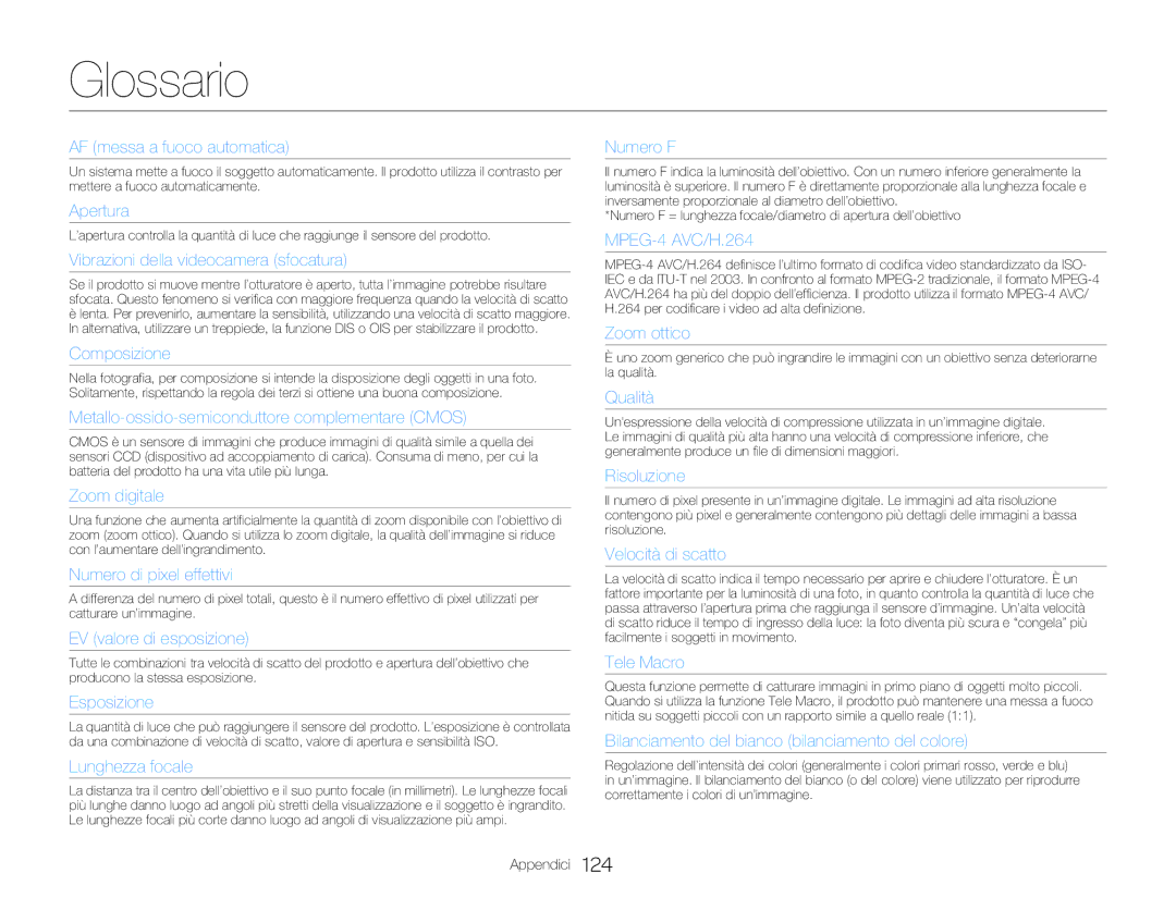 Samsung HMX-Q20BP/EDC, HMX-QF20BP/EDC, HMX-Q20BP/MEA manual Glossario, AF messa a fuoco automatica 