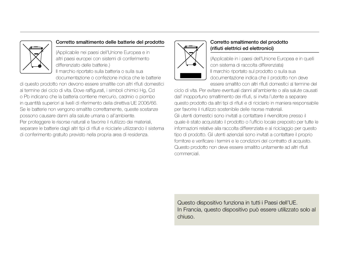 Samsung HMX-Q20BP/MEA, HMX-QF20BP/EDC manual Corretto smaltimento delle batterie del prodotto, Differenziato delle batterie 