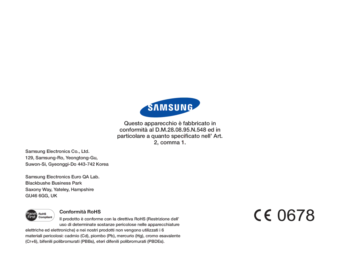 Samsung HMX-QF20BP/EDC, HMX-Q20BP/EDC, HMX-Q20BP/MEA manual Conformità RoHS 