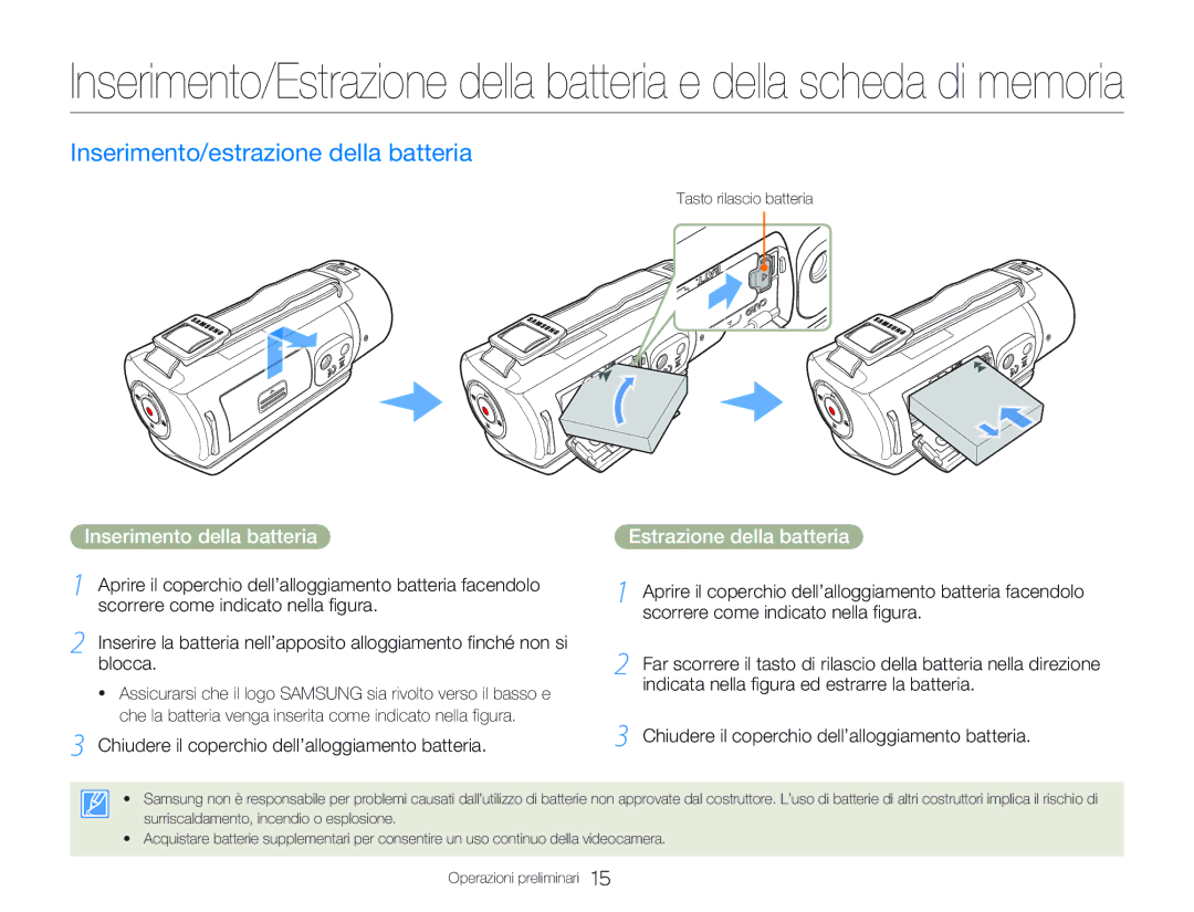 Samsung HMX-QF20BP/EDC manual Inserimento/estrazione della batteria, Inserimento della batteria, Estrazione della batteria 