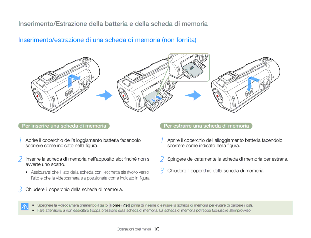 Samsung HMX-Q20BP/EDC Inserimento/estrazione di una scheda di memoria non fornita, Scorrere come indicato nella figura 