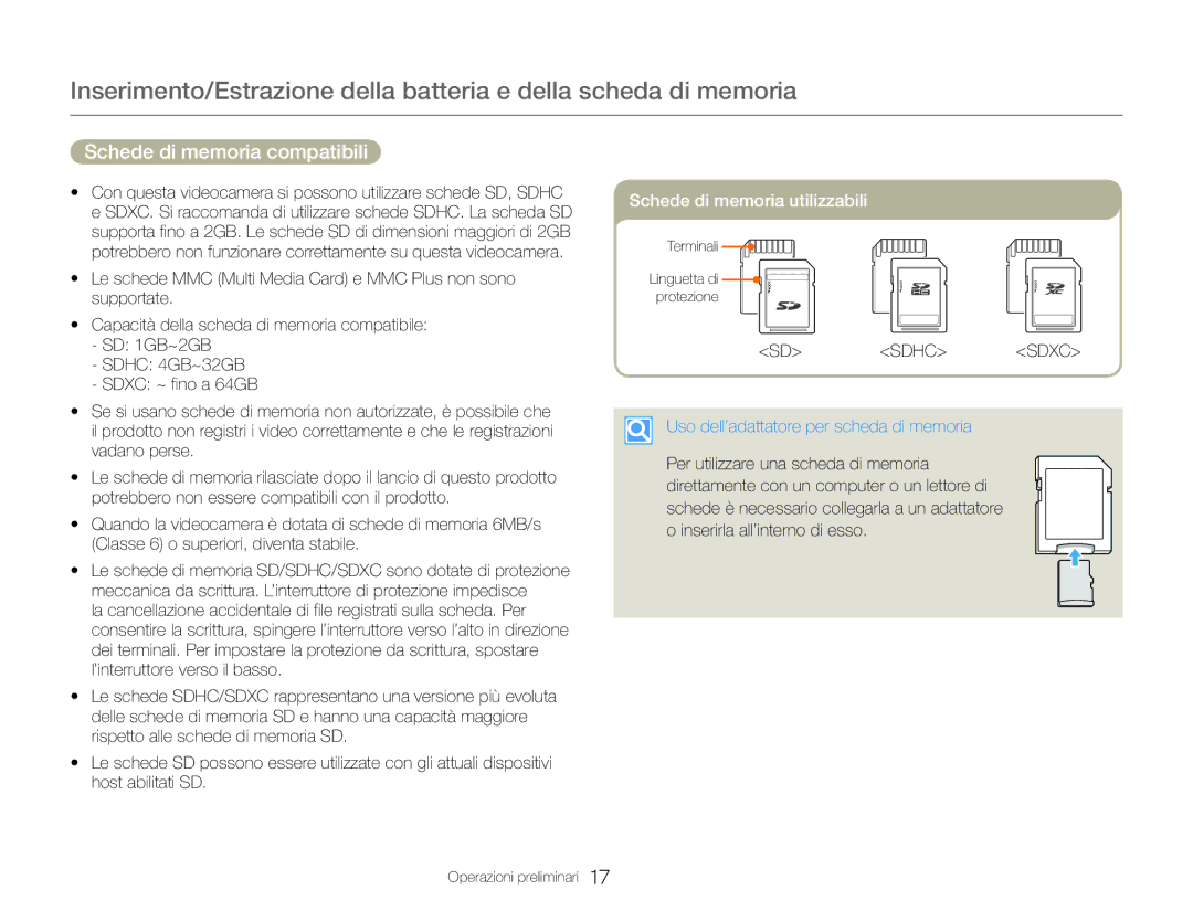 Samsung HMX-Q20BP/MEA, HMX-QF20BP/EDC manual Schede di memoria compatibili, Uso dell’adattatore per scheda di memoria 