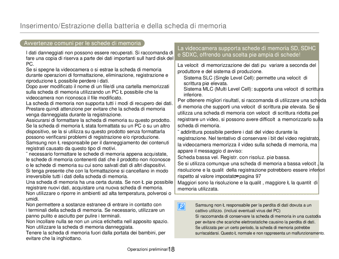 Samsung HMX-QF20BP/EDC, HMX-Q20BP/EDC, HMX-Q20BP/MEA manual Avvertenze comuni per le schede di memoria 