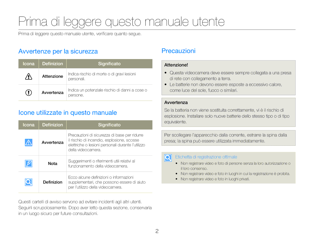 Samsung HMX-Q20BP/MEA, HMX-QF20BP/EDC Prima di leggere questo manuale utente, Avvertenze per la sicurezza, Precauzioni 