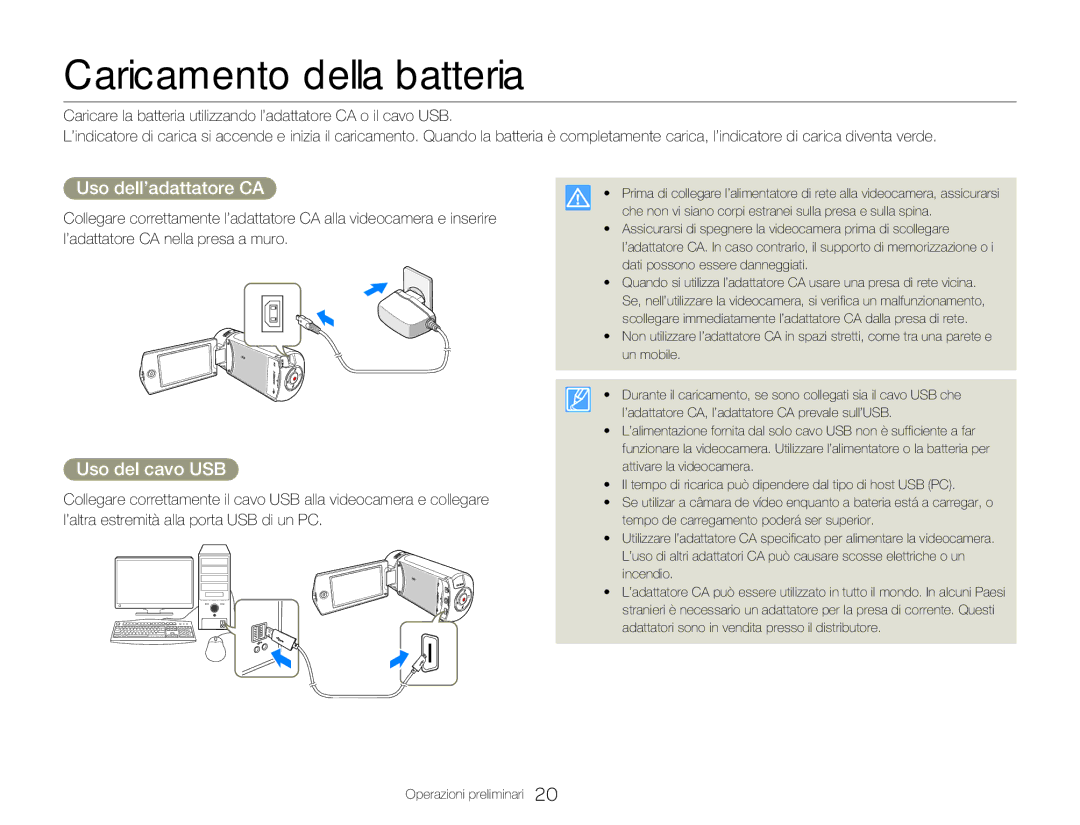 Samsung HMX-Q20BP/MEA, HMX-QF20BP/EDC, HMX-Q20BP/EDC Caricamento della batteria, Uso dell’adattatore CA, Uso del cavo USB 