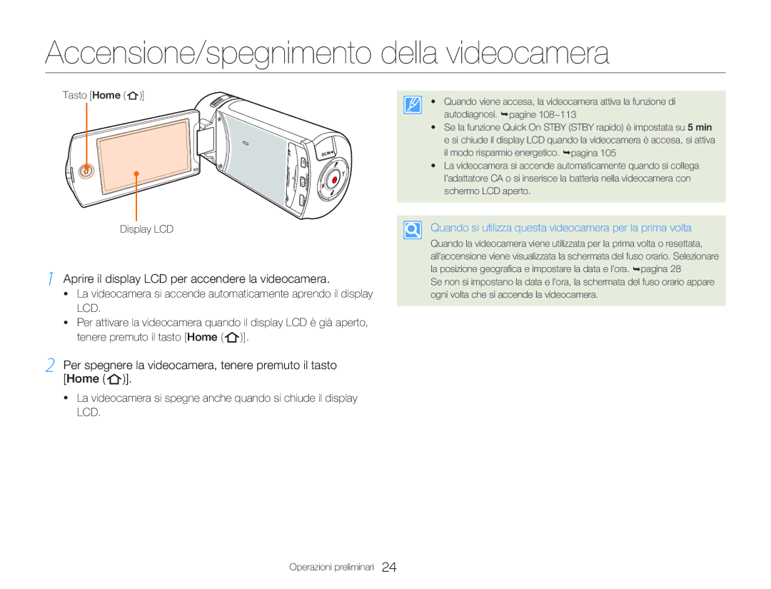 Samsung HMX-QF20BP/EDC manual Accensione/spegnimento della videocamera, Aprire il display LCD per accendere la videocamera 