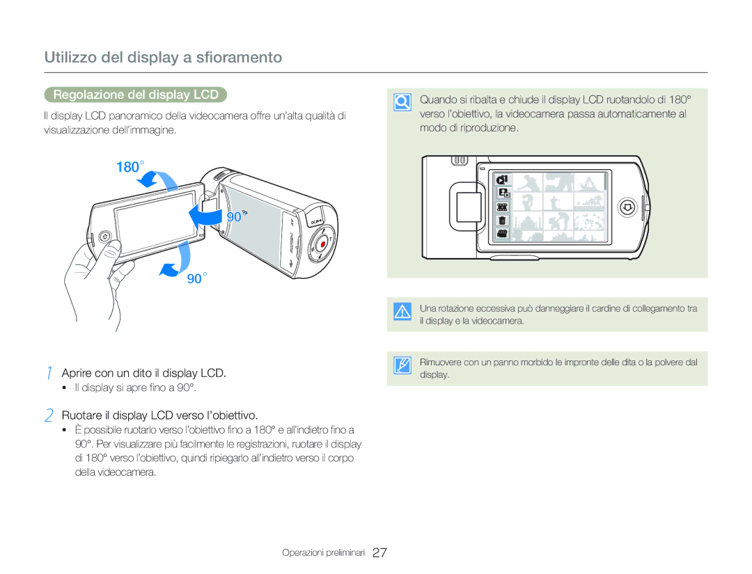 Samsung HMX-QF20BP/EDC manual Regolazione del display LCD, Aprire con un dito il display LCD, Il display si apre fino a 