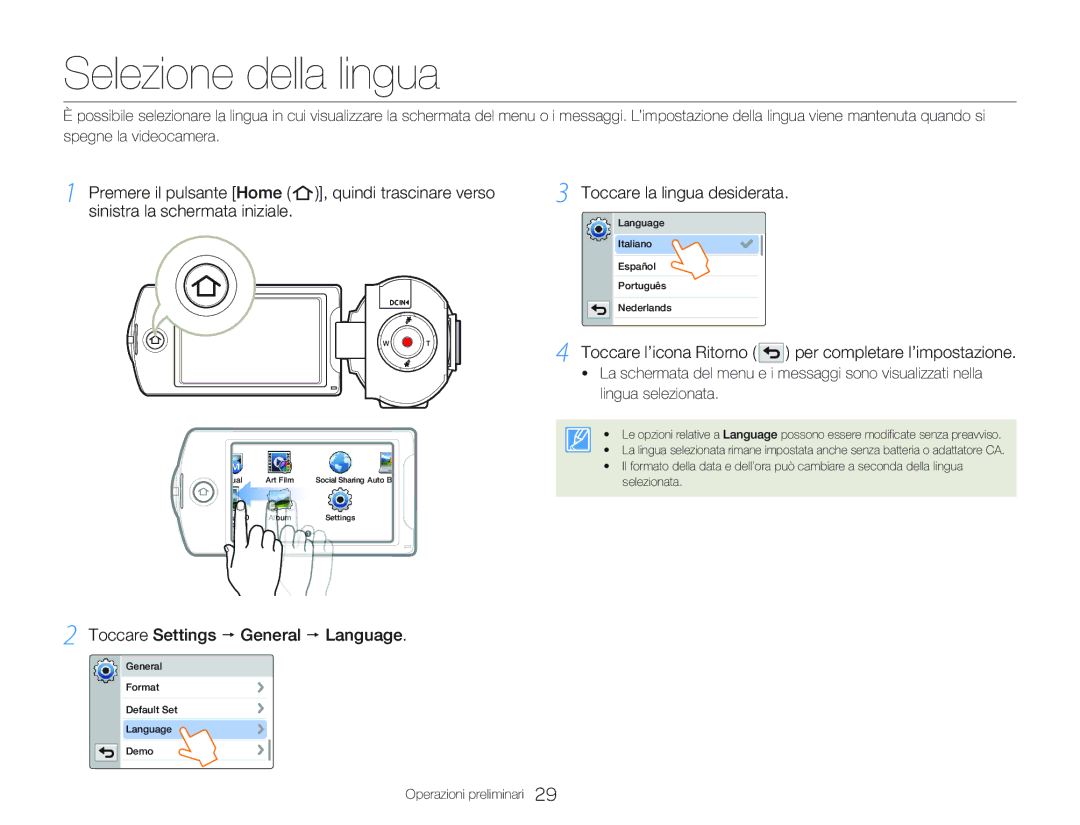 Samsung HMX-Q20BP/MEA, HMX-QF20BP/EDC manual Selezione della lingua, Premere il pulsante Home , quindi trascinare verso 