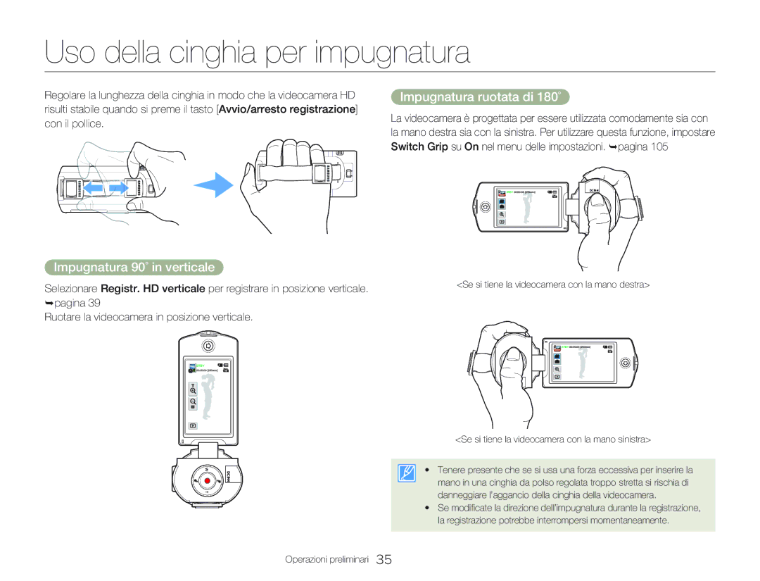 Samsung HMX-Q20BP/MEA manual Uso della cinghia per impugnatura, Impugnatura 90˚ in verticale, Impugnatura ruotata di 180˚ 