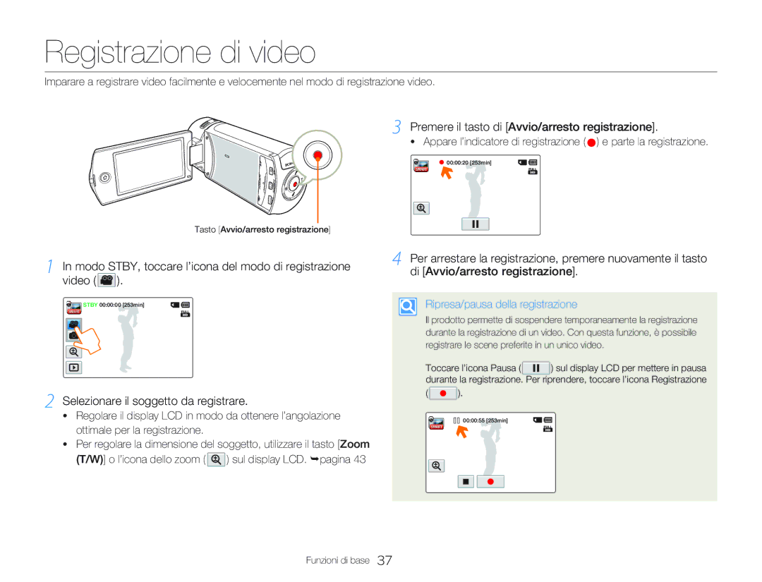 Samsung HMX-Q20BP/EDC, HMX-QF20BP/EDC Registrazione di video, Modo STBY, toccare l’icona del modo di registrazione Video 