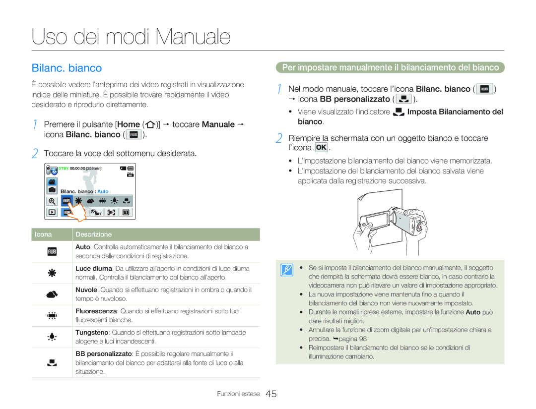 Samsung HMX-QF20BP/EDC Uso dei modi Manuale, Bilanc. bianco, Per impostare manualmente il bilanciamento del bianco 