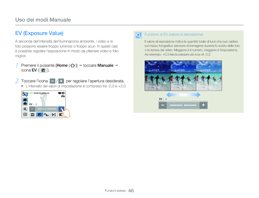 Samsung HMX-Q20BP/EDC, HMX-QF20BP/EDC manual Uso dei modi Manuale, EV Exposure Value, Funzione di EV valore di esposizione 