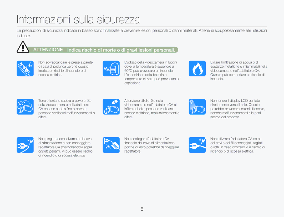 Samsung HMX-Q20BP/MEA, HMX-QF20BP/EDC, HMX-Q20BP/EDC manual Informazioni sulla sicurezza 