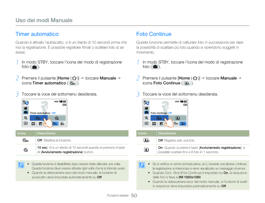 Samsung HMX-Q20BP/MEA, HMX-QF20BP/EDC, HMX-Q20BP/EDC manual Timer automatico Foto Continue, Stessi Movimento 