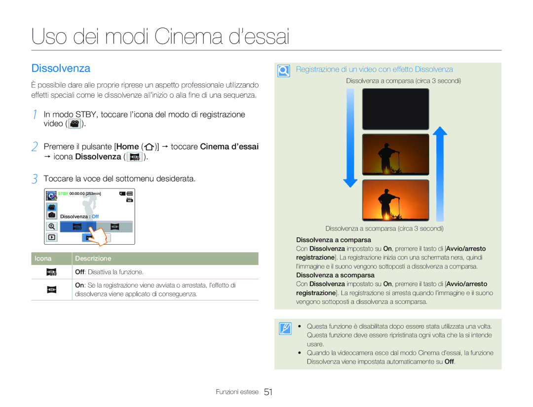 Samsung HMX-QF20BP/EDC, HMX-Q20BP/EDC Uso dei modi Cinema d’essai, Registrazione di un video con effetto Dissolvenza 