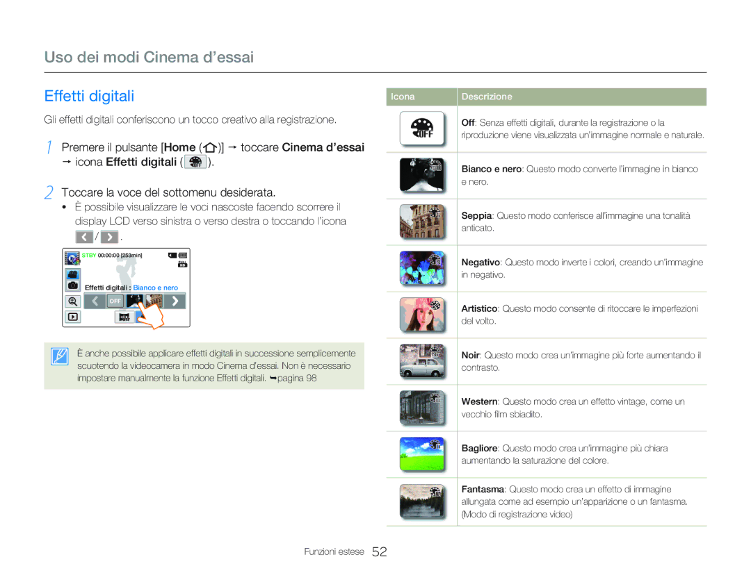 Samsung HMX-Q20BP/EDC, HMX-QF20BP/EDC manual Uso dei modi Cinema d’essai, Toccare Cinema d’essai, Icona Effetti digitali 