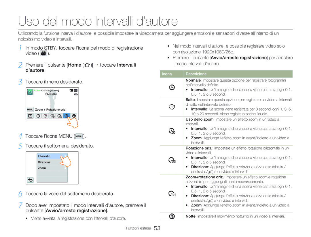 Samsung HMX-Q20BP/MEA manual Uso del modo Intervalli d’autore, Toccare l’icona Menu Toccare il sottomenu desiderato 