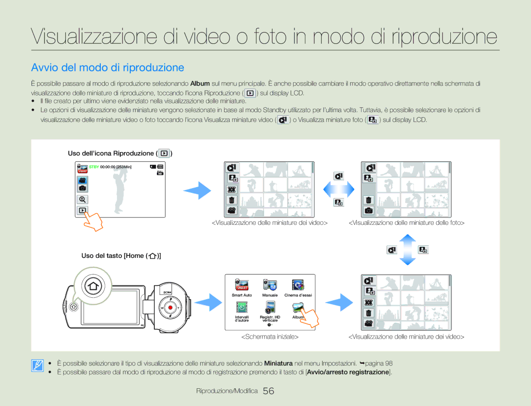 Samsung HMX-Q20BP/MEA manual Visualizzazione di video o foto in modo di riproduzione, Avvio del modo di riproduzione 