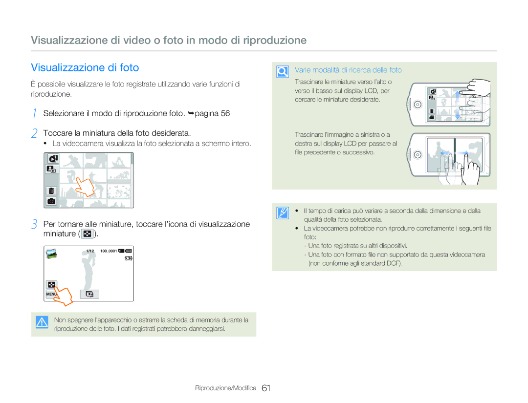 Samsung HMX-Q20BP/EDC, HMX-QF20BP/EDC, HMX-Q20BP/MEA manual Visualizzazione di foto, Varie modalità di ricerca delle foto 