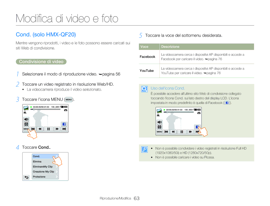 Samsung HMX-QF20BP/EDC manual Modifica di video e foto, Cond. solo HMX-QF20, Condivisione di video, Toccare l’icona Menu 