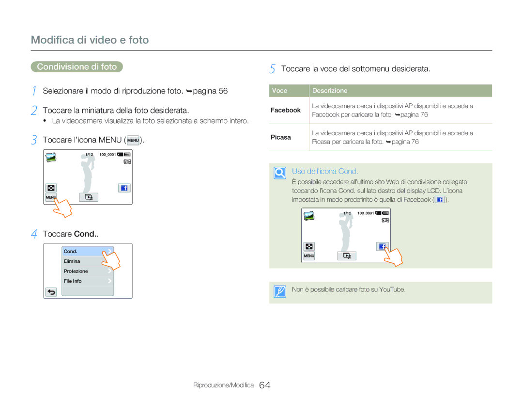 Samsung HMX-Q20BP/EDC, HMX-QF20BP/EDC Modifica di video e foto, Condivisione di foto, Toccare l’icona Menu Toccare Cond 