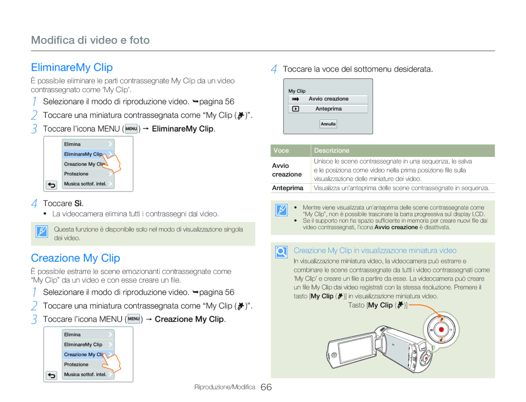 Samsung HMX-QF20BP/EDC manual EliminareMy Clip, Creazione My Clip, Selezionare il modo di riproduzione video. ¬pagina 