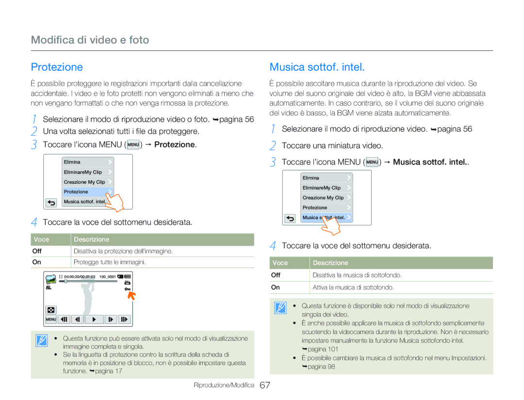 Samsung HMX-Q20BP/EDC, HMX-QF20BP/EDC, HMX-Q20BP/MEA manual Musica sottof. intel, Toccare l’icona Menu p Protezione 