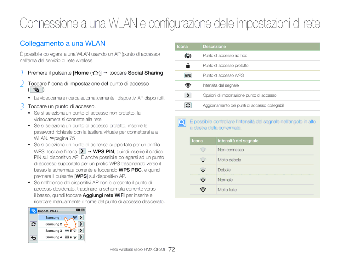 Samsung HMX-QF20BP/EDC, HMX-Q20BP/EDC manual Collegamento a una Wlan, Toccare licona di impostazione del punto di accesso 