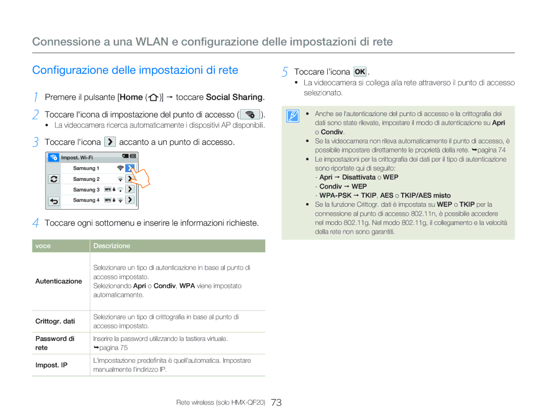 Samsung HMX-Q20BP/EDC manual Configurazione delle impostazioni di rete, Premere il pulsante Home p toccare Social Sharing 