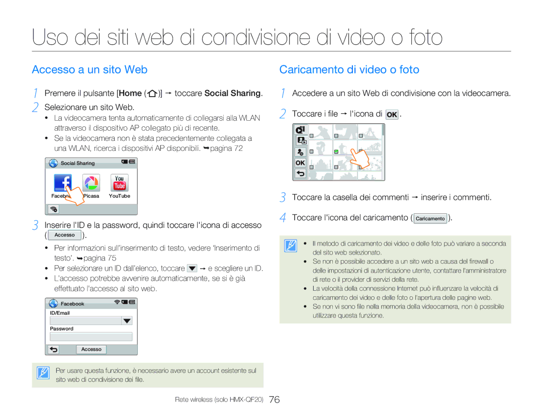 Samsung HMX-Q20BP/EDC Uso dei siti web di condivisione di video o foto, Accesso a un sito Web, Caricamento di video o foto 