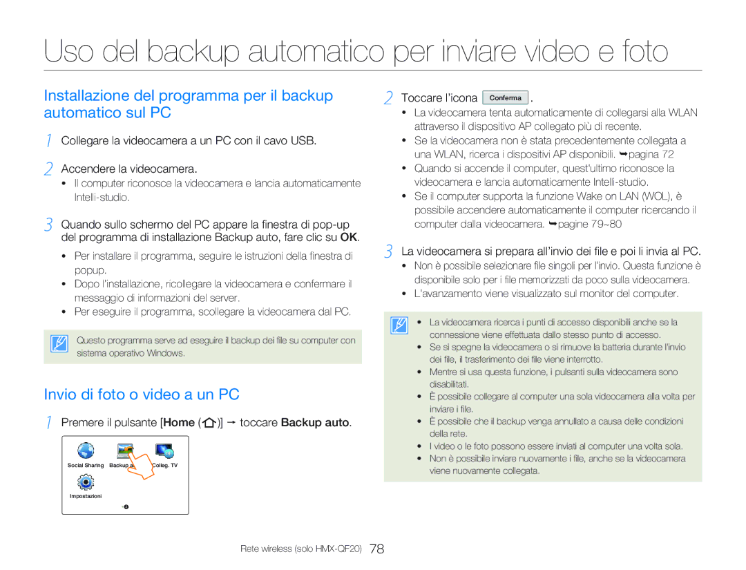 Samsung HMX-QF20BP/EDC manual Installazione del programma per il backup automatico sul PC, Invio di foto o video a un PC 