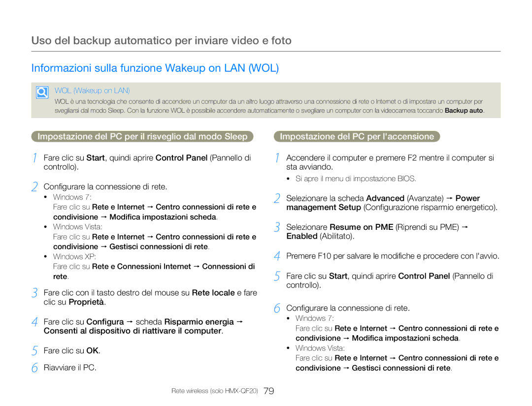 Samsung HMX-Q20BP/EDC Uso del backup automatico per inviare video e foto, Informazioni sulla funzione Wakeup on LAN WOL 