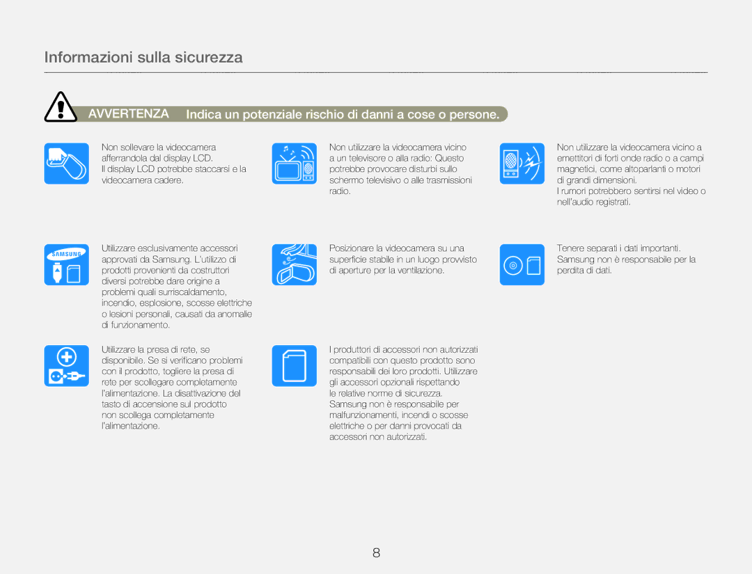 Samsung HMX-Q20BP/MEA, HMX-QF20BP/EDC, HMX-Q20BP/EDC manual Informazioni sulla sicurezza 