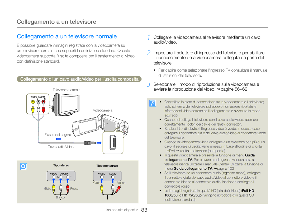 Samsung HMX-Q20BP/MEA Collegamento a un televisore normale, Collegamento di un cavo audio/video per l’uscita composita 