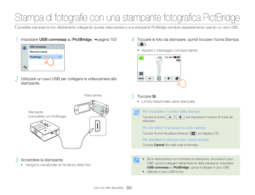 Samsung HMX-Q20BP/MEA, HMX-QF20BP/EDC, HMX-Q20BP/EDC Impostare USB connessa su PictBridge. ¬pagina, Accendere la stampante 