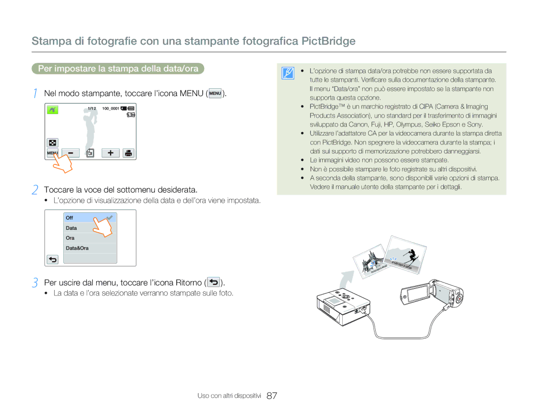 Samsung HMX-QF20BP/EDC Per impostare la stampa della data/ora, La data e l’ora selezionate verranno stampate sulle foto 