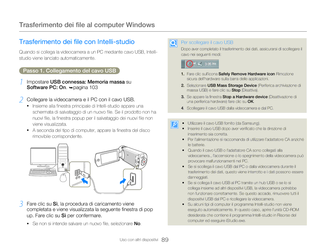 Samsung HMX-Q20BP/MEA, HMX-Q20BP/EDC Trasferimento dei file al computer Windows, Trasferimento dei file con Intelli-studio 