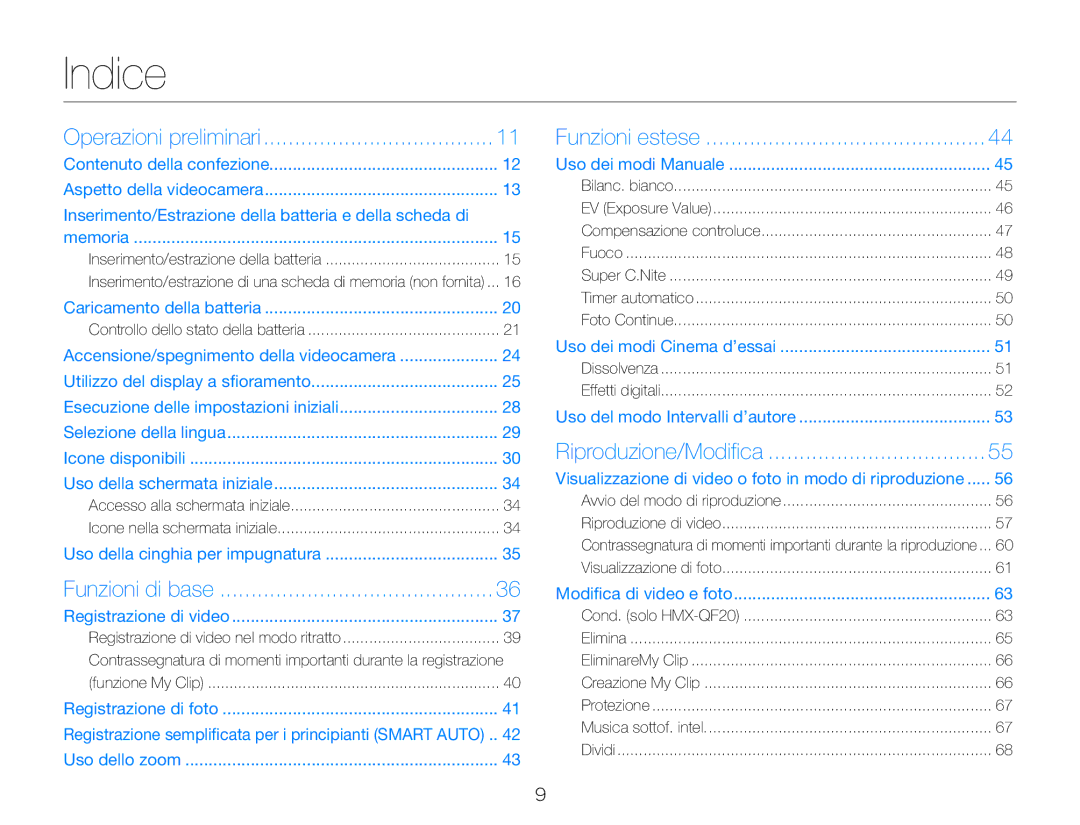 Samsung HMX-QF20BP/EDC, HMX-Q20BP/EDC, HMX-Q20BP/MEA manual Indice 
