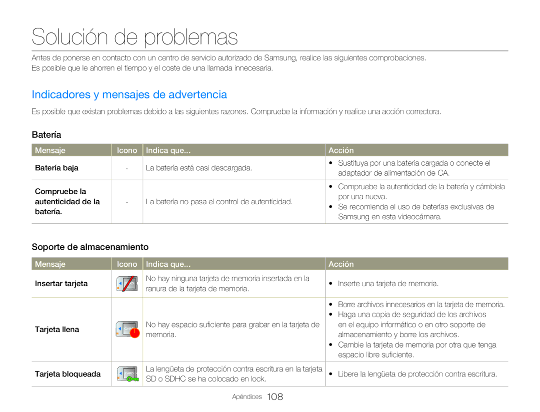 Samsung HMX-QF20BP/EDC Solución de problemas, Indicadores y mensajes de advertencia, Batería, Soporte de almacenamiento 