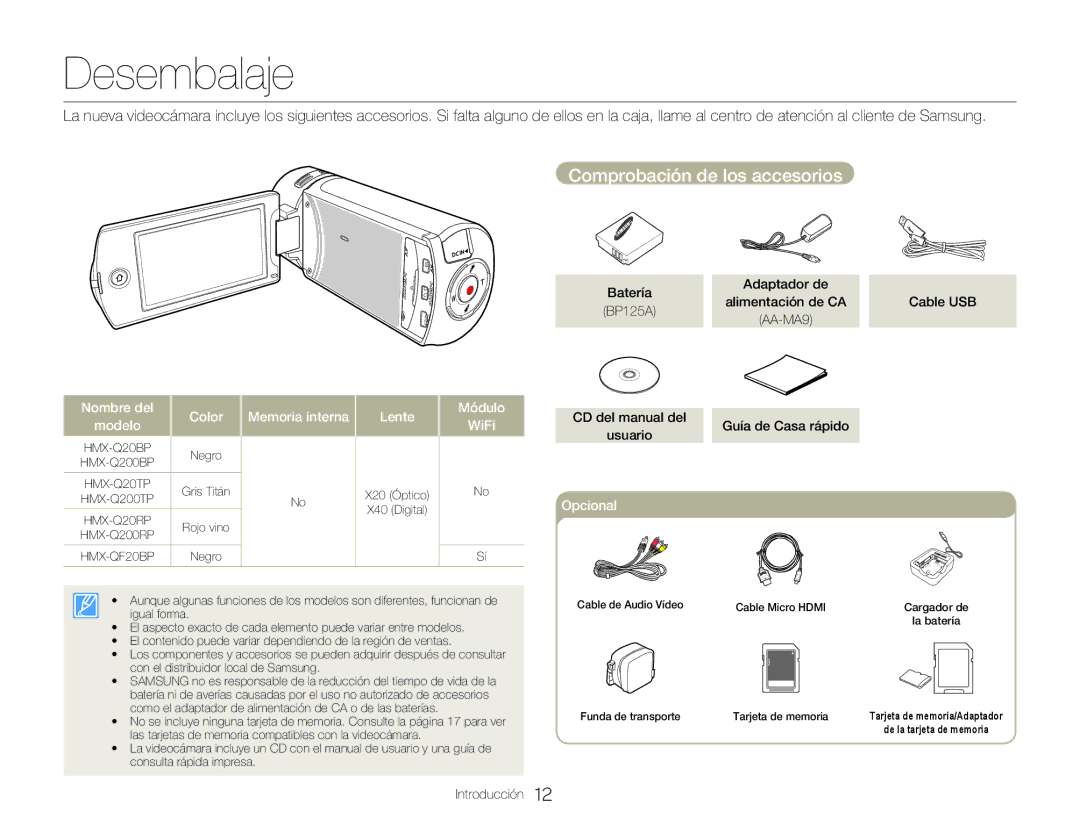 Samsung HMX-QF20BP/EDC, HMX-Q20BP/EDC manual Desembalaje, Comprobación de los accesorios 