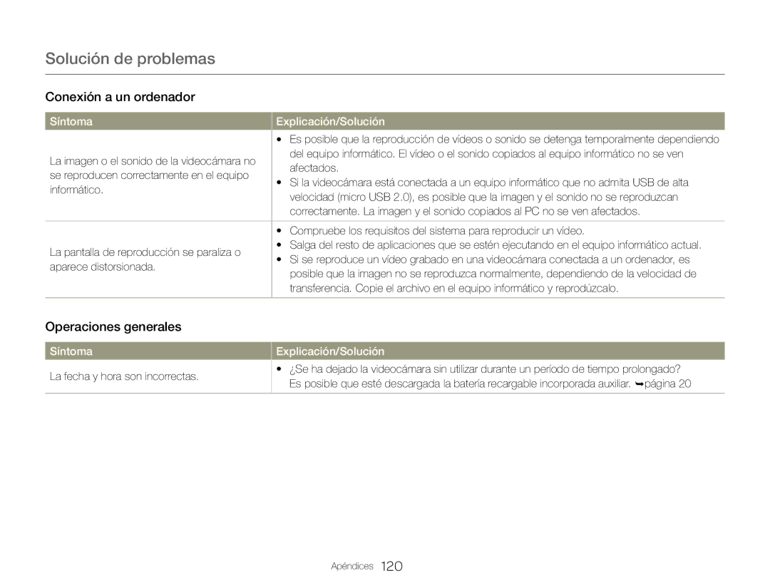 Samsung HMX-QF20BP/EDC, HMX-Q20BP/EDC manual Operaciones generales, La fecha y hora son incorrectas 