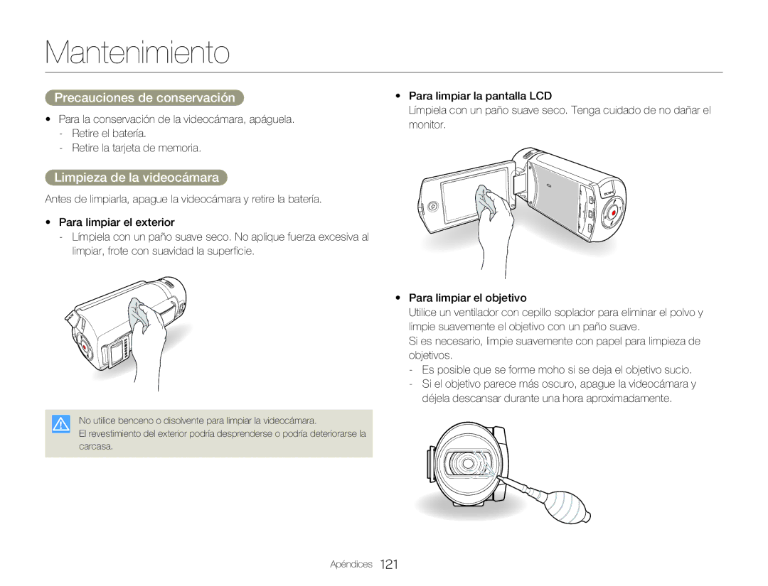 Samsung HMX-Q20BP/EDC, HMX-QF20BP/EDC manual Mantenimiento, Precauciones de conservación, Limpieza de la videocámara 