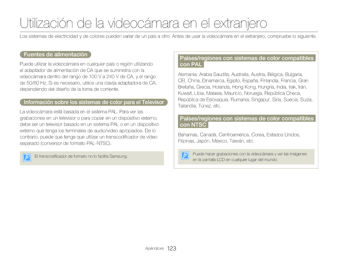 Samsung HMX-Q20BP/EDC, HMX-QF20BP/EDC manual Utilización de la videocámara en el extranjero, Fuentes de alimentación 