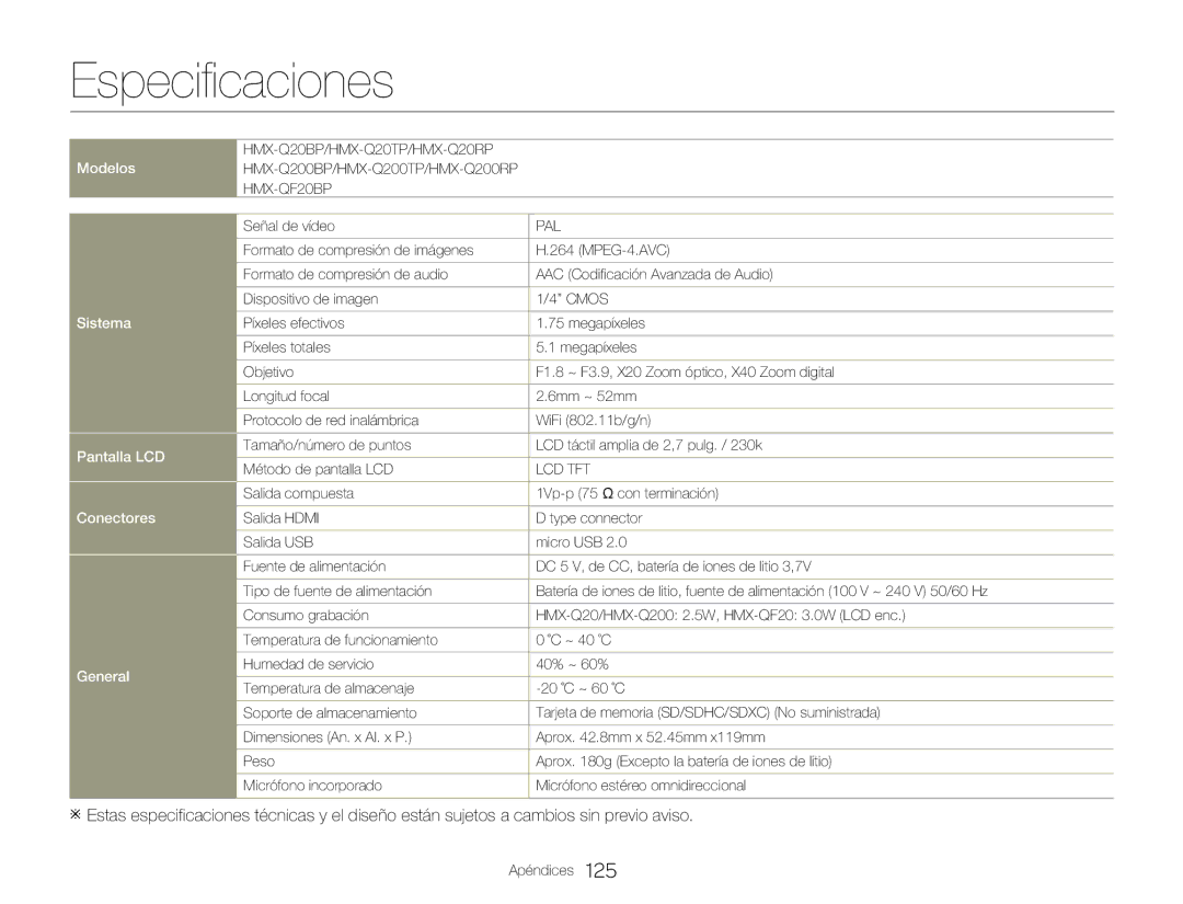 Samsung HMX-Q20BP/EDC, HMX-QF20BP/EDC manual Especificaciones, HMX-Q20BP/HMX-Q20TP/HMX-Q20RP 