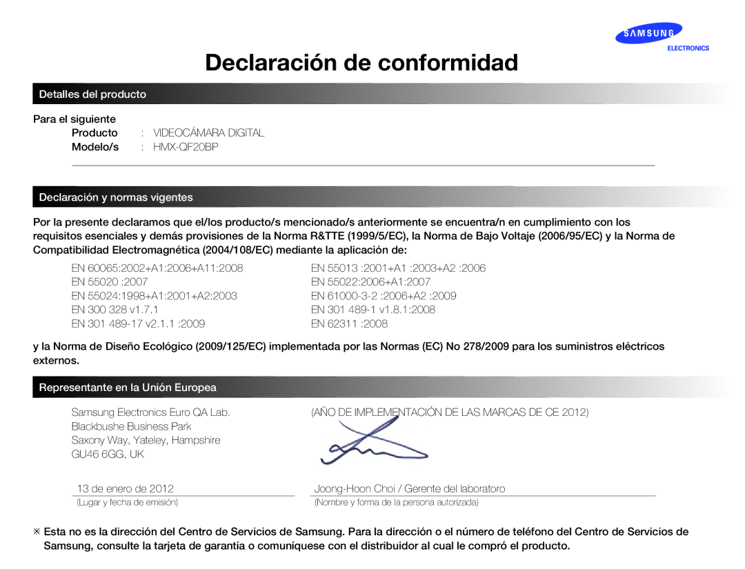 Samsung HMX-QF20BP/EDC, HMX-Q20BP/EDC manual Declaración de conformidad, Samsung Electronics Euro QA Lab 