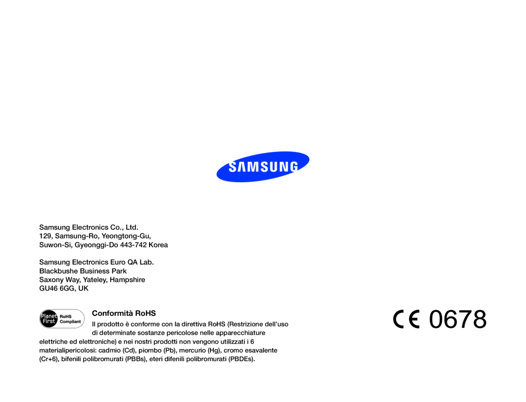 Samsung HMX-QF20BP/EDC, HMX-Q20BP/EDC manual Conformità RoHS 