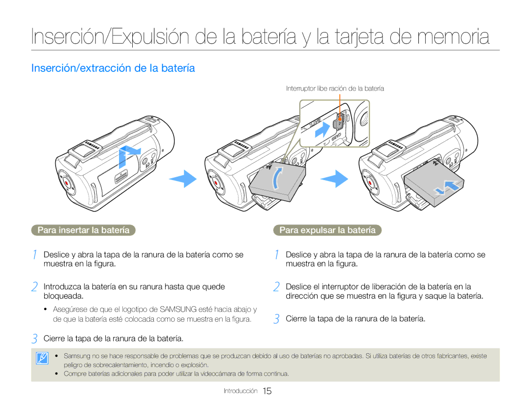 Samsung HMX-Q20BP/EDC manual Inserción/extracción de la batería, Para insertar la batería, Para expulsar la batería 