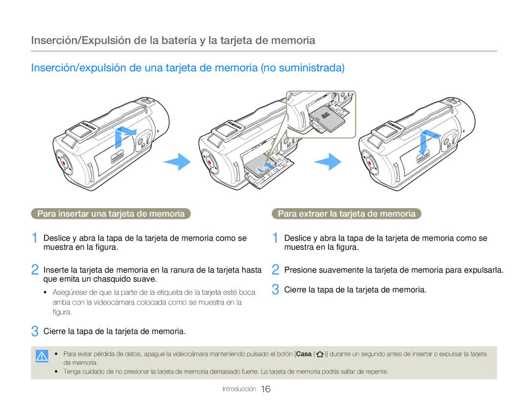 Samsung HMX-QF20BP/EDC, HMX-Q20BP/EDC manual Inserción/Expulsión de la batería y la tarjeta de memoria, Muestra en la figura 