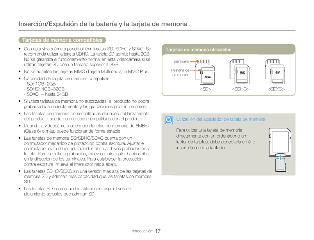 Samsung HMX-Q20BP/EDC, HMX-QF20BP/EDC Tarjetas de memoria compatibles, Utilización del adaptador de tarjeta de memoria 