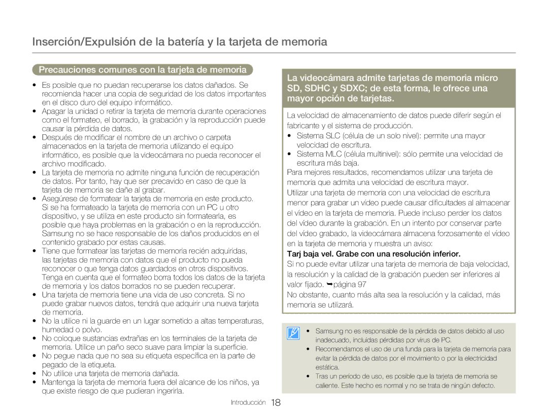 Samsung HMX-QF20BP/EDC, HMX-Q20BP/EDC manual Precauciones comunes con la tarjeta de memoria 